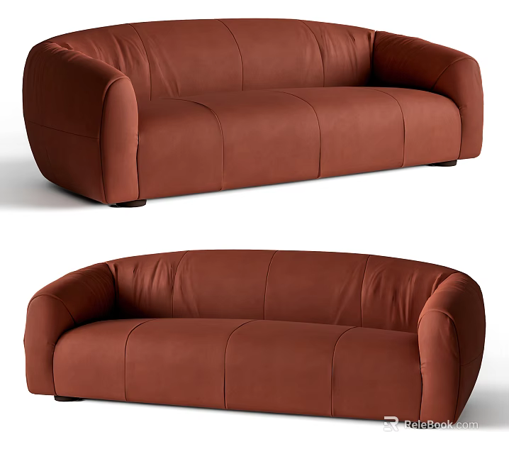 Modern Brown Leather Multi-Seat Sofa With Curved Armrests And Comfortable Design 3d model