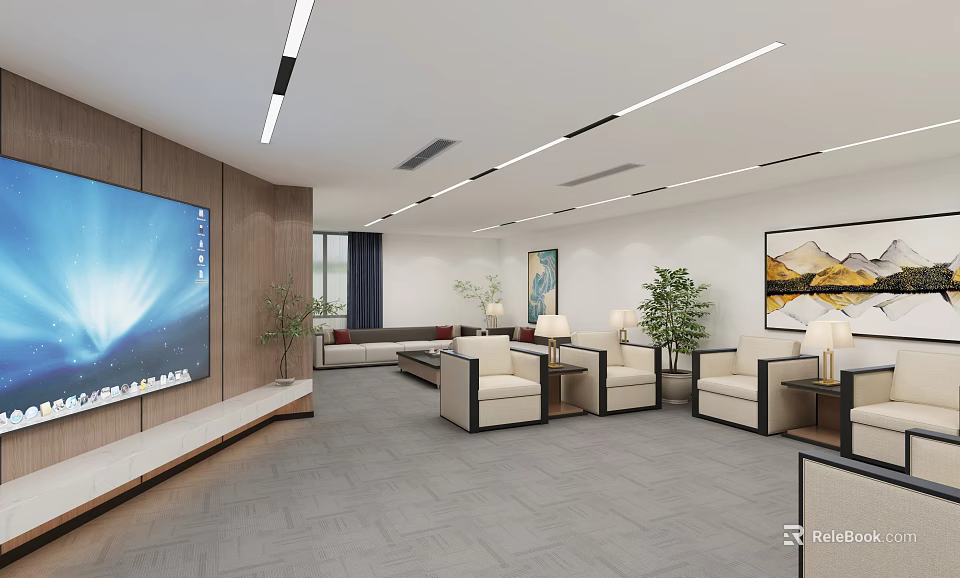 Modern Hotel Public Lounge With Comfortable Sofas Armchairs Large TV Decorative Paintings And Green Plants 3d model 