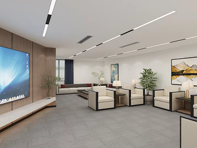 Modern Hotel Public Lounge With Comfortable Sofas Armchairs Large TV Decorative Paintings And Green Plants 3d model