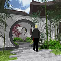 Traditional Chinese Garden Landscape Featuring Architecture Bamboo Stone Pathway And Green Lawn