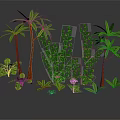 Cartoon Scenery With Green Plants Red Tree Trunks Palm Trees Vines Small Shrubs And Flowers