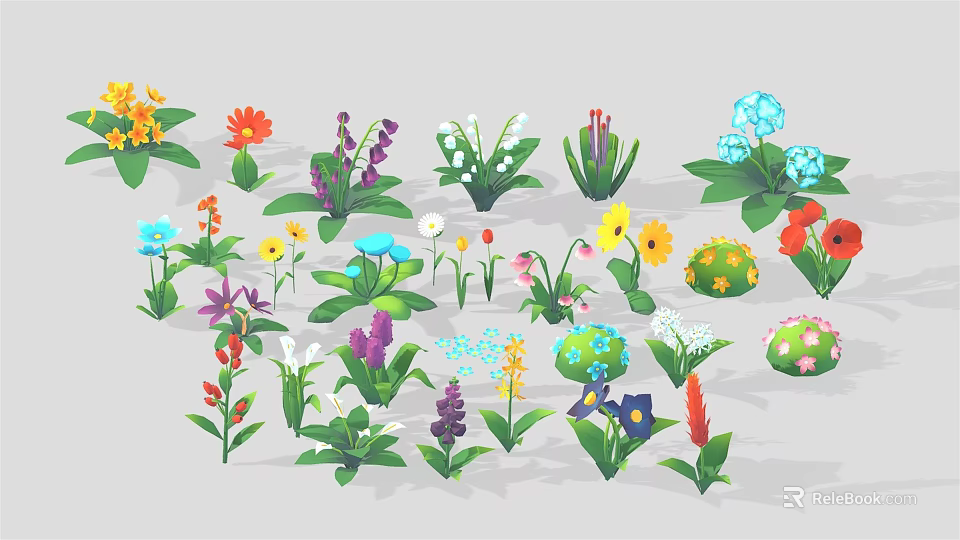 Cartoon Scenes Featuring Multiple Colorful Flowers And Various Plants With Green Leaves 3d model 