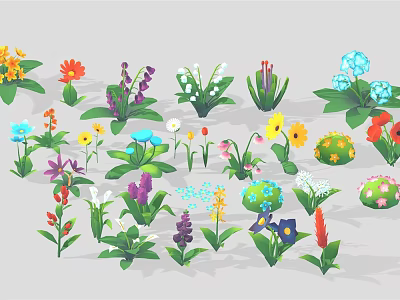 Cartoon Scenes Featuring Multiple Colorful Flowers And Various Plants With Green Leaves 3d model