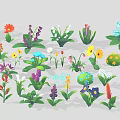 Cartoon Scenes Featuring Multiple Colorful Flowers And Various Plants With Green Leaves