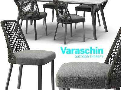 Stylish Outdoor Dining Set With Woven Chairs And Comfortable Gray Cushions For Patio 3d model