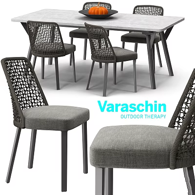 Stylish Outdoor Dining Set With Woven Chairs And Comfortable Gray Cushions For Patio 3d model
