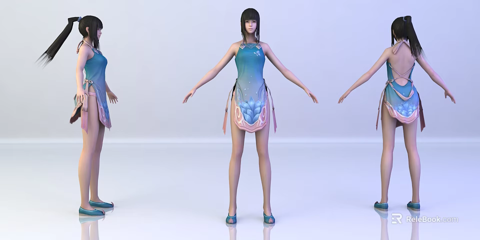 Woman in blue traditional dress with patterned skirt from three angles on white background 3d model 
