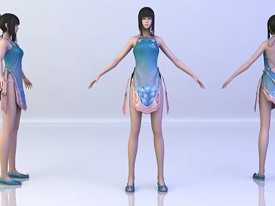 Woman in blue traditional dress with patterned skirt from three angles on white background 3d model