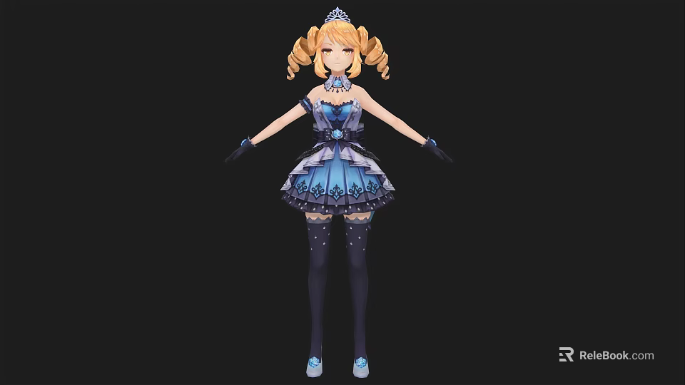 Woman In Blue Dress With Crown And Curly Hair Wearing Gloves And Stockings 3d model 