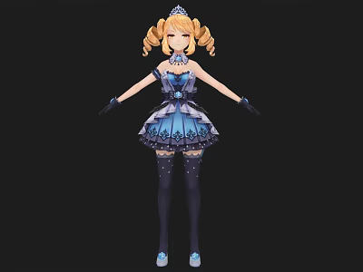 Woman In Blue Dress With Crown And Curly Hair Wearing Gloves And Stockings 3d model