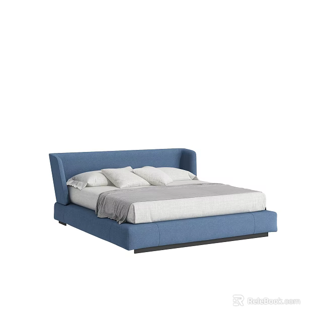 Modern Upholstered Double Bed With Blue Headboard White Mattress Light Pillows And Gray Throw 3d model 