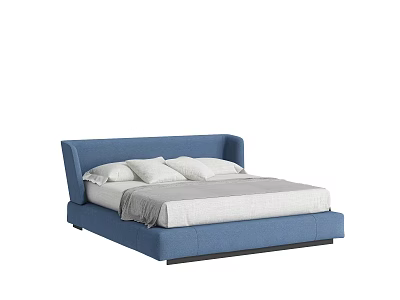 Modern Upholstered Double Bed With Blue Headboard White Mattress Light Pillows And Gray Throw 3d model