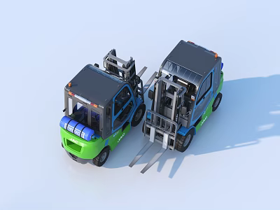 Two Green Industrial Forklift Trucks With Black Tops Blue Gas Cylinders Forks And Cabs 3d model