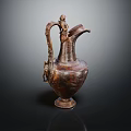 Vintage Bronze Pitcher With Curved Handle Carved Design And Statue Figure
