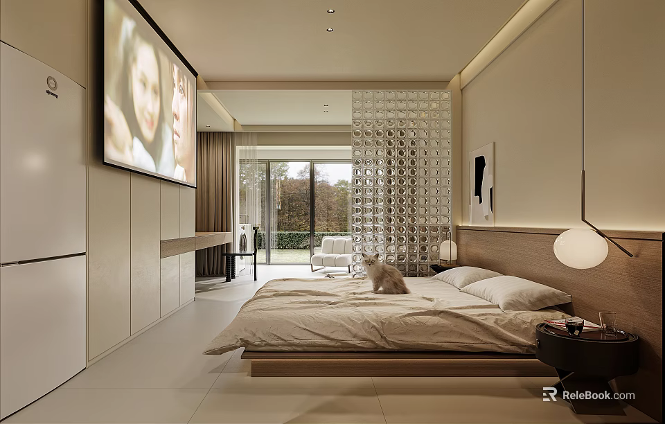 Modern Bedroom Interior with White Bed Transparent Partition Wall TV and Green View Window 3d model 