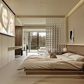 Modern Bedroom Interior with White Bed Transparent Partition Wall TV and Green View Window