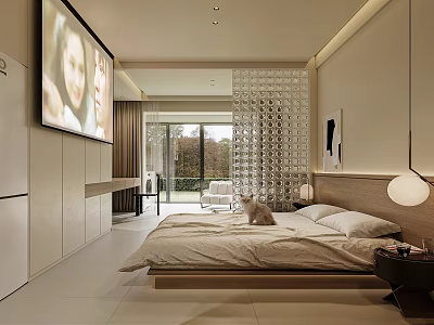Modern Bedroom Interior with White Bed Transparent Partition Wall TV and Green View Window 3d model