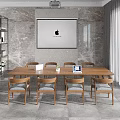 Modern Conference Room Interior With Long Wooden Table Gray Chairs Laptop Potted Plants And Window