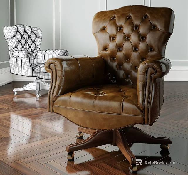 Brown Leather Office Chair With Tufted Back Wooden Base And Wheels 3d model 