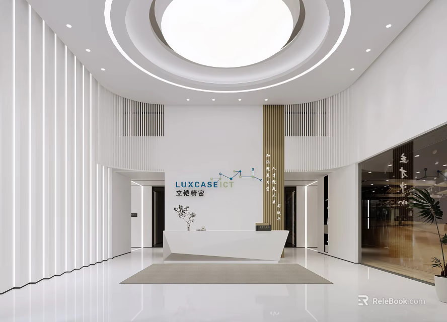 Modern Luxury Reception Desk With White Marble Round Ceiling Light Glass Door And Green Plants 3d model 