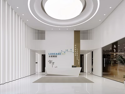 Modern Luxury Reception Desk With White Marble Round Ceiling Light Glass Door And Green Plants 3d model