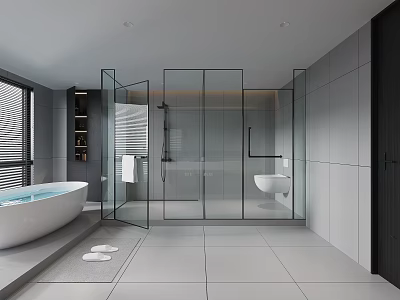 Modern Bathroom Interior Design With Glass Shower Bathtub And Gray Tile Floor 3d model