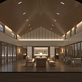 Elegant Hotel Public Lounge Area Featuring Wooden Ceiling Warm Lighting And Floor To Ceiling Windows