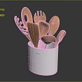 Wooden Kitchen Utensils Set In White Striped Container With Spoons Forks And Spatulas