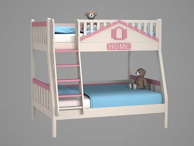 White Children's Bunk Bed With Pink House Design Blue Mattresses And Teddy Bears 3d model
