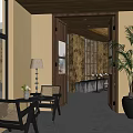 Minimalist Interior Space With Wooden Door Frame Open Layout Tables Chairs And Potted Plant