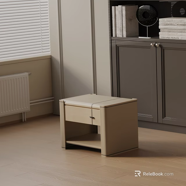 Modern Beige Bedside Table With Gray Cabinet And Window Blinds On Light Wood Floor 3d model 