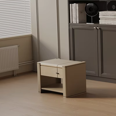 Modern Beige Bedside Table With Gray Cabinet And Window Blinds On Light Wood Floor 3d model