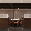 Sichuan Restaurant Interior Design With Wooden Reception Counter Hanging Lamps And Food Display Shelves