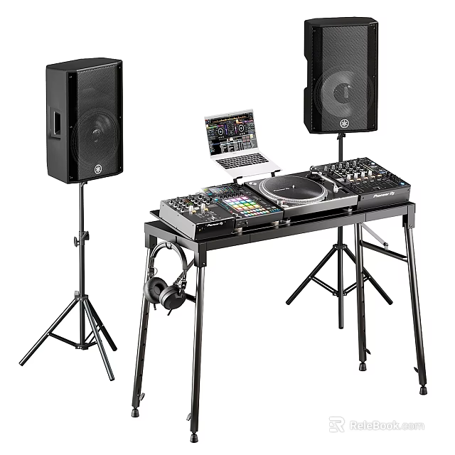 Professional Audio Equipment Setup On Table With Speakers Mixer Turntable Laptop And Headphones 3d model 
