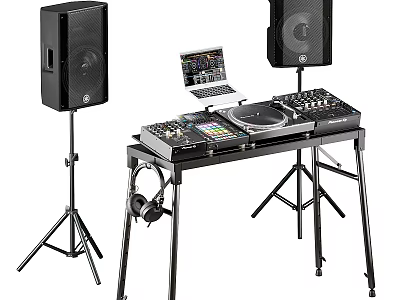 Professional Audio Equipment Setup On Table With Speakers Mixer Turntable Laptop And Headphones 3d model