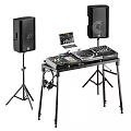 Professional Audio Equipment Setup On Table With Speakers Mixer Turntable Laptop And Headphones