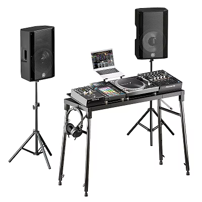 Professional Audio Equipment Setup On Table With Speakers Mixer Turntable Laptop And Headphones 3d model