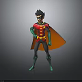 Superhero Character 3D Model With Red Green Costume Brown Cape Yellow Belt Standing Pose