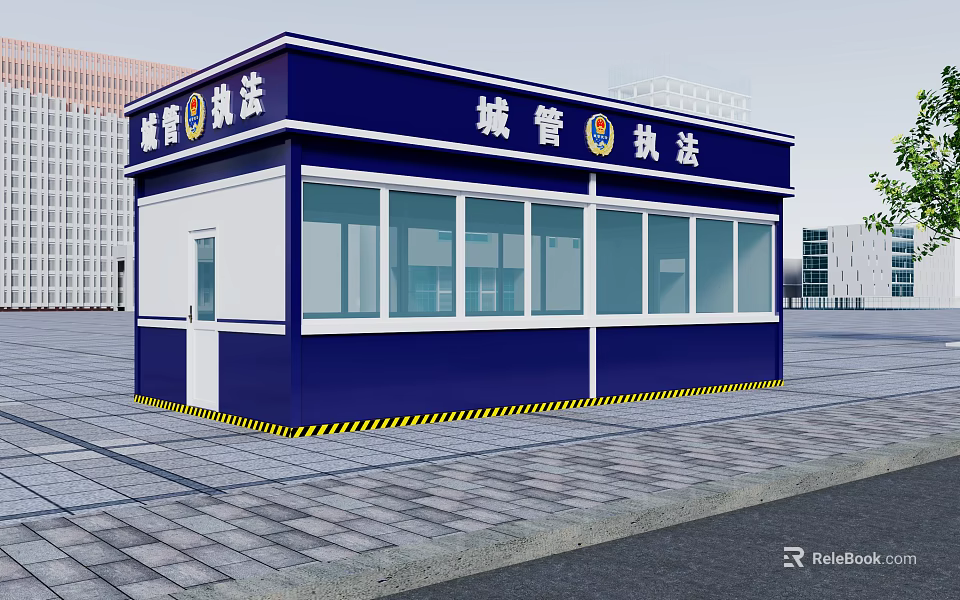 Urban Management Law Enforcement Booth With Blue White Exterior And Multiple Windows On Plaza 3d model 