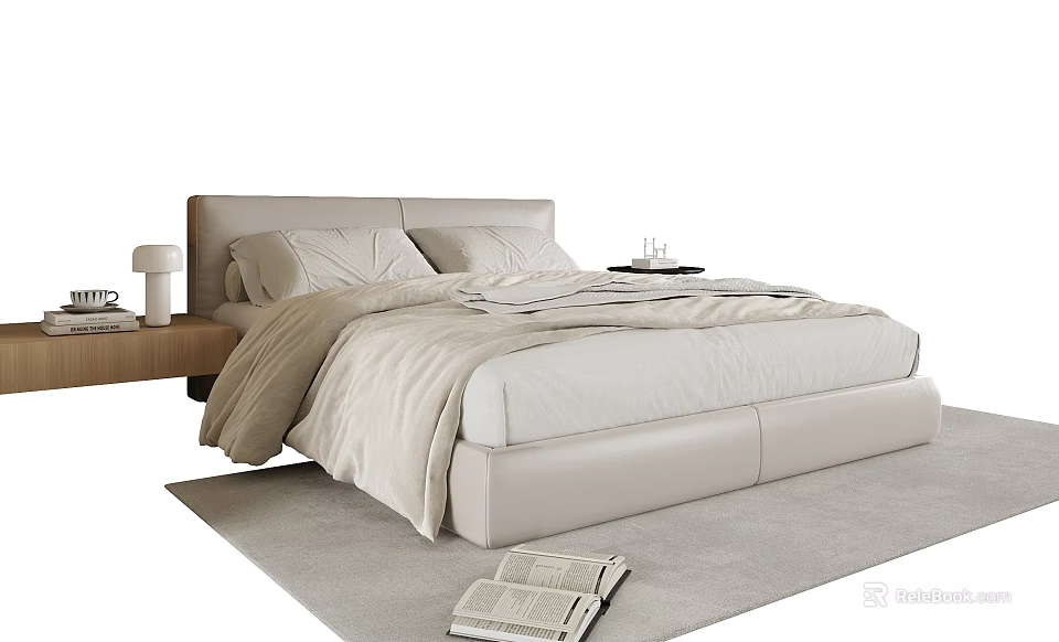 Light Beige Upholstered Double Bed With Bedside Table Lamp And Carpet 3d model