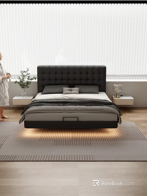 Modern Double Bed with Black Tufted Headboard Gray Bedding Nightstands Plant Lamp Wooden Floor 3d model 