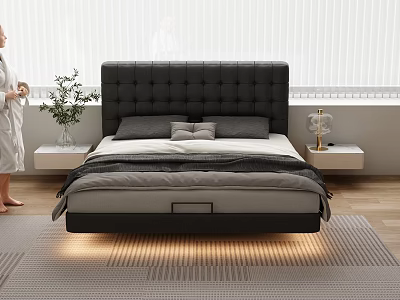 Modern Double Bed with Black Tufted Headboard Gray Bedding Nightstands Plant Lamp Wooden Floor 3d model