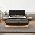 Modern Double Bed with Black Tufted Headboard Gray Bedding Nightstands Plant Lamp Wooden Floor