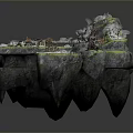Fantasy Floating Island With Chessboard Rocky Terrain Green Vegetation And Trees