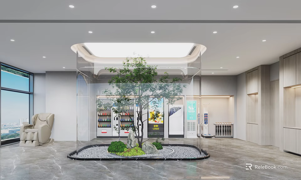 Modern Lobby With Transparent Glass Enclosure Tree Pebbles Green Plants Vending Machines And Sofa 3d model 