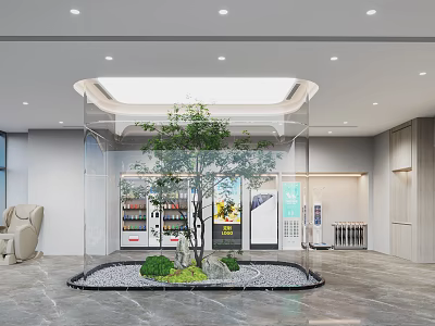 Modern Lobby With Transparent Glass Enclosure Tree Pebbles Green Plants Vending Machines And Sofa 3d model
