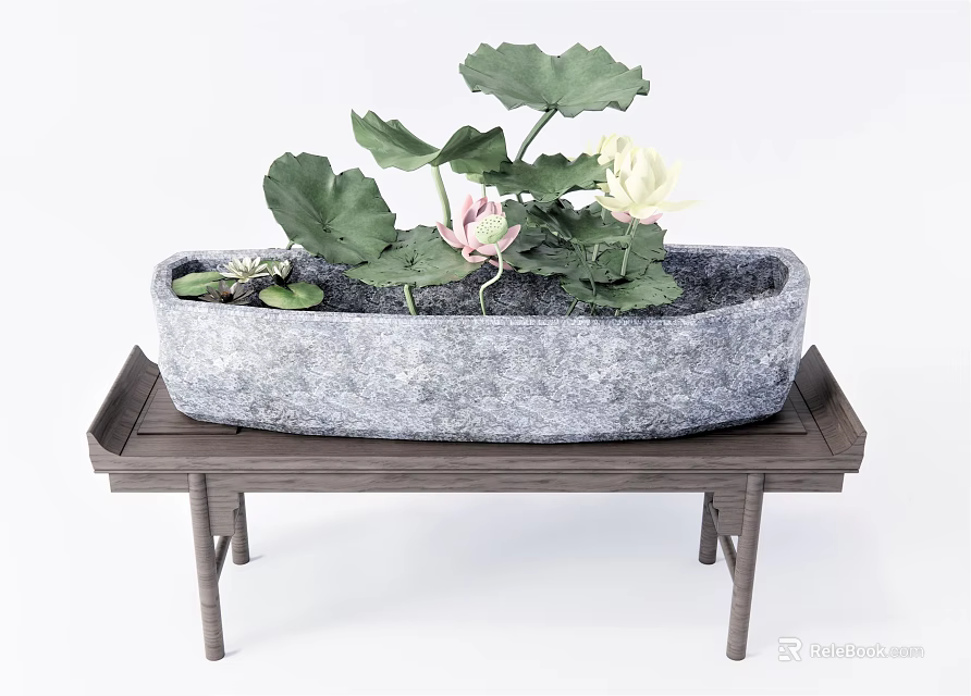 Bonsai Potted Plant with Lotus Leaves Pink White Flowers in Gray Pot on Wooden Table 3d model 