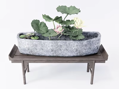 Bonsai Potted Plant with Lotus Leaves Pink White Flowers in Gray Pot on Wooden Table 3d model