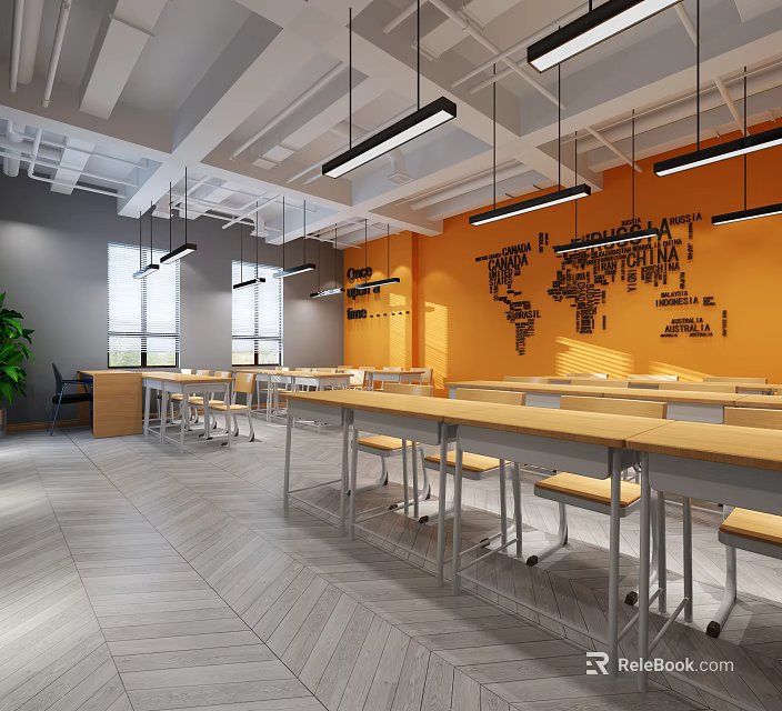 School Classroom With Orange Walls World Map Alphabet Decorations Desks And Chairs 3d model 