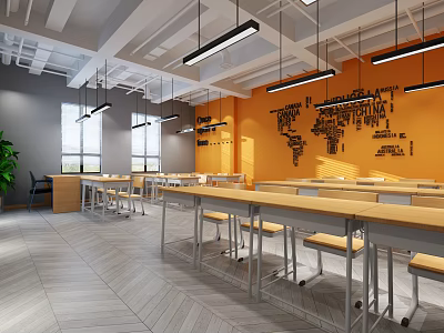 School Classroom With Orange Walls World Map Alphabet Decorations Desks And Chairs 3d model